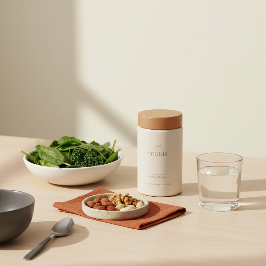 Tonum Motus jar beside a bowl of mixed greens, a dish of nuts and a glass of water on a light wooden table against #F2E5D5 background — 7-day weight loss plan.