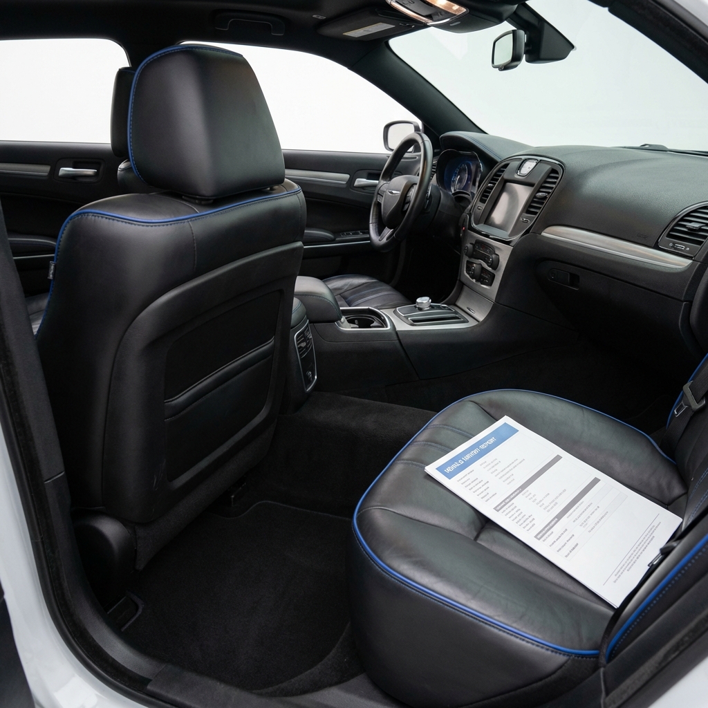 chrysler 300 for sale interior rear seat and dashboard showing roomy legroom premium leather seats detailed materials and a printed vehicle history report on the passenger seat