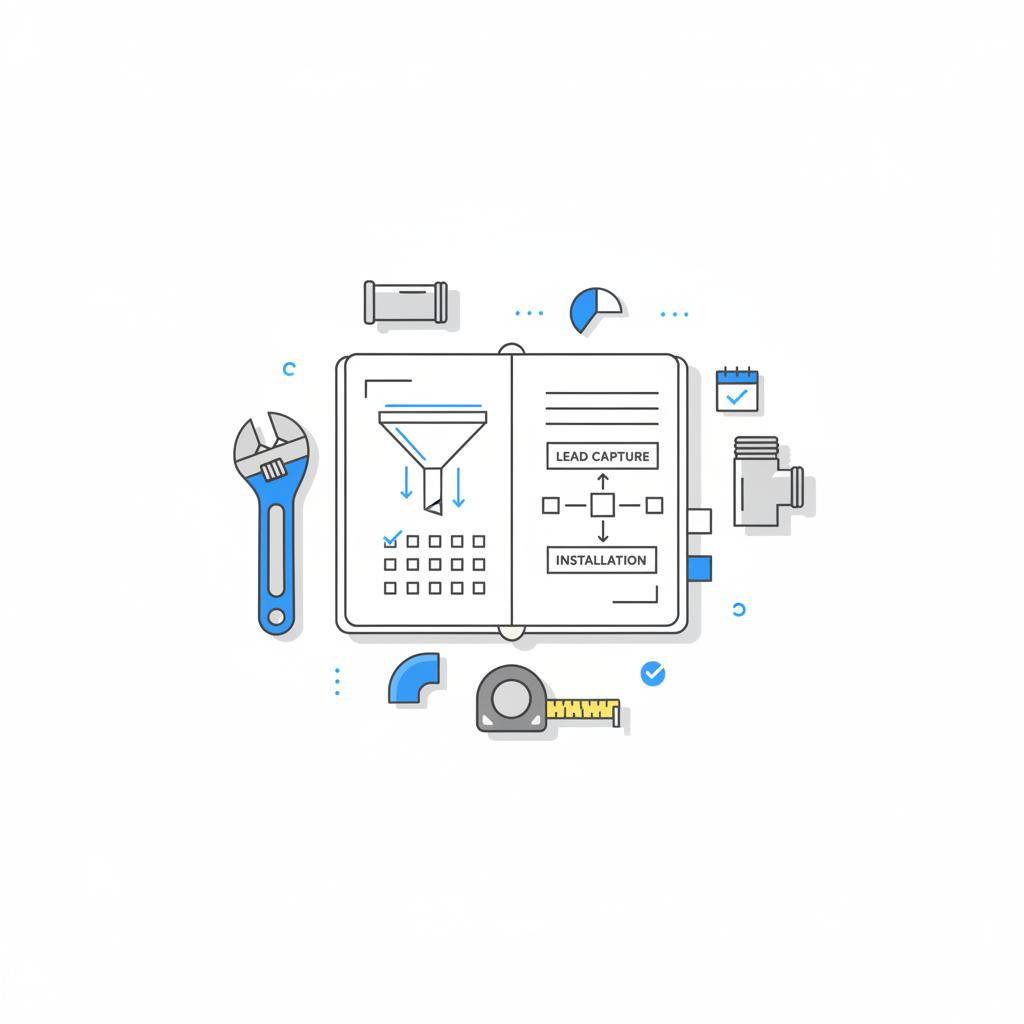 Minimal 2D vector flat-lay of plumbing tools and a notebook with funnel diagrams and a checklist, styled for plumbing leads using Agency Visible colors