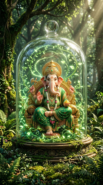 Hindu Deity Ganesha Inside a Magical Glass Bell Jar in a Forest - Free mobile Wallpaper