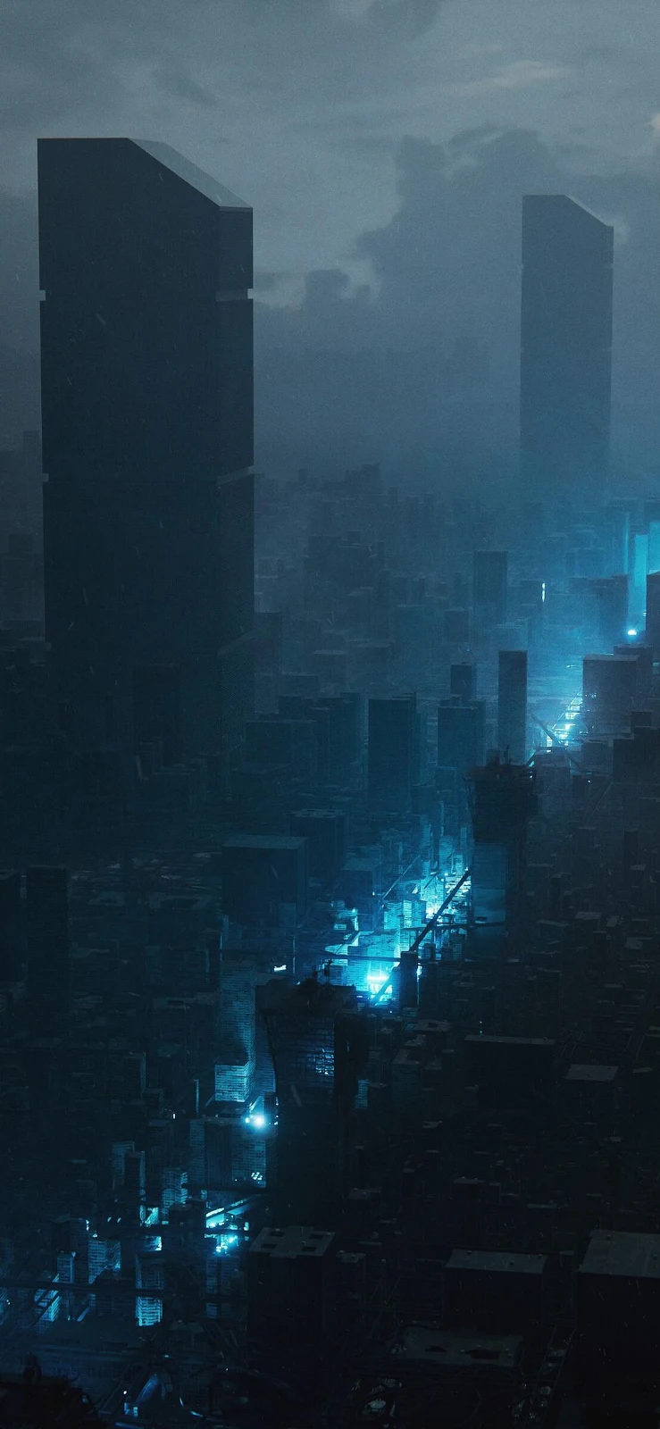 Dystopian Cityscape At Blue Dusk - Cyberpunk Digital Art Full HD iPhone Wallpaper (1107x2398)