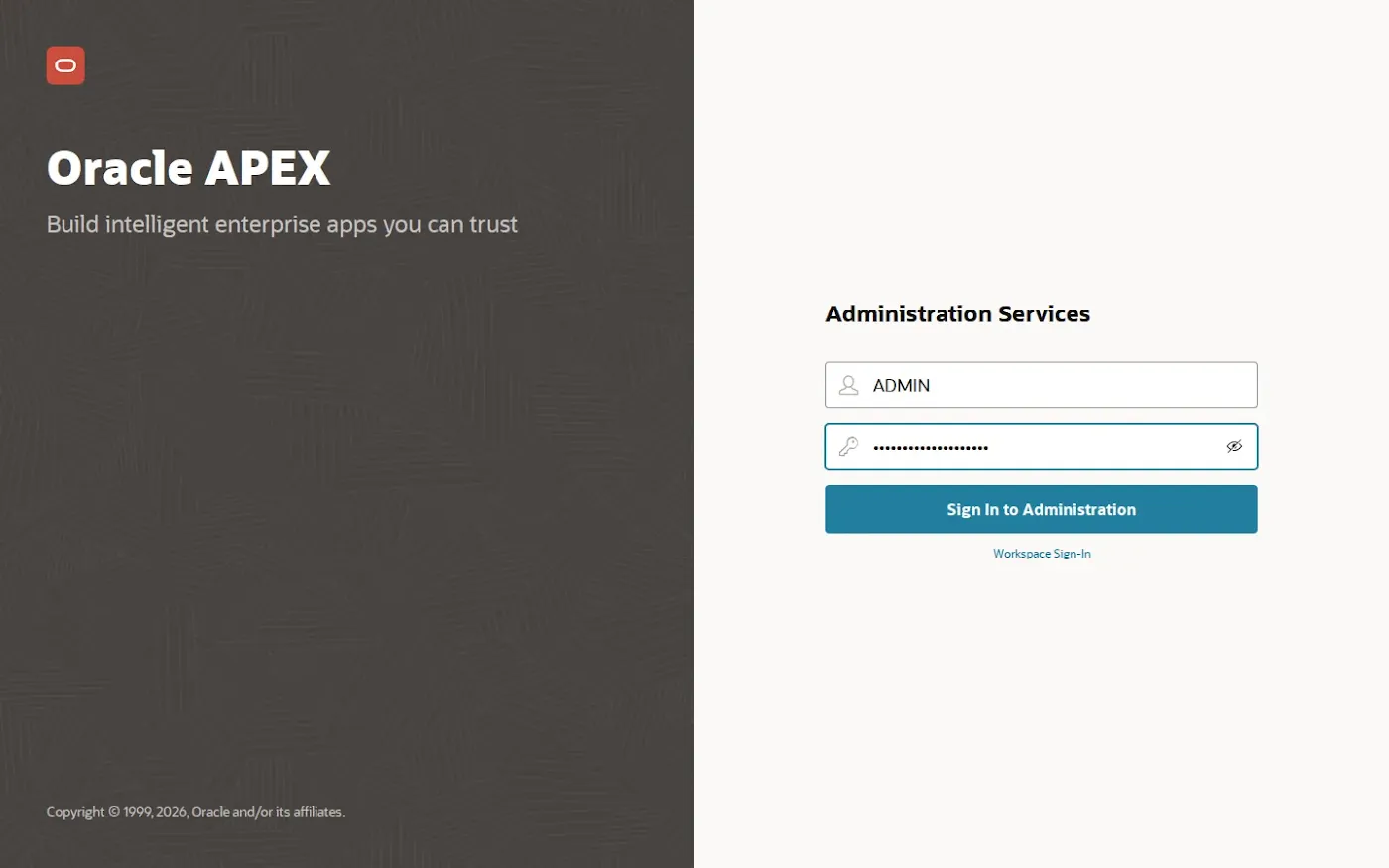 APEX Administration Services sign-in with username ADMIN
