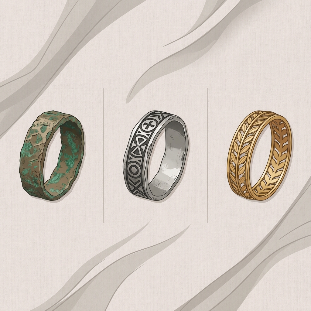 Vector top down comparison of three ancient wedding band styles on neutral fabric background showing hammered bronze medieval silver and roman gold designs