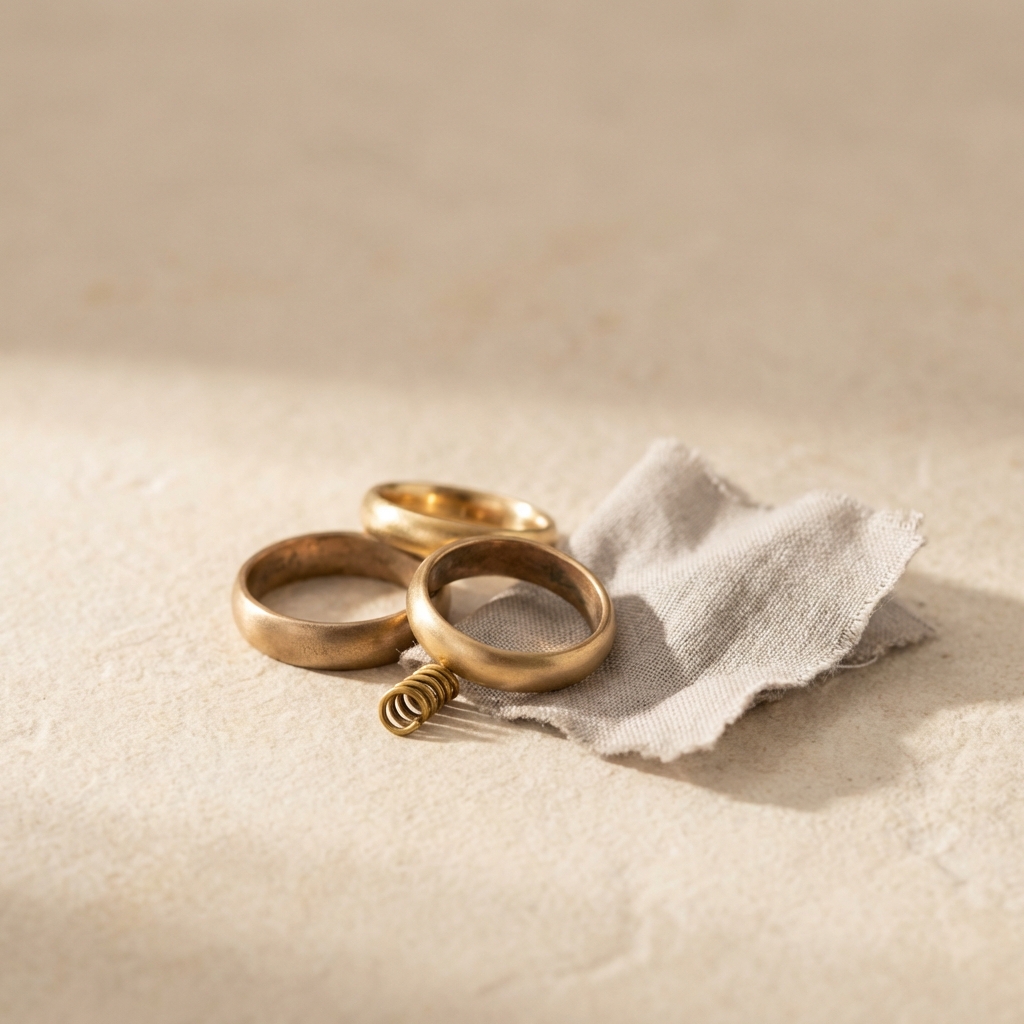 Minimalist full frame studio photo of three ancient greek wedding rings on a pale beige #ede7da background with a muted cloth #c2bdb6 and warm gold accent #ae8339 soft natural light realistic details