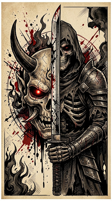 Symmetrical Illustration of an Oni Skull and Hooded Warrior with a Katana - Free mobile Wallpaper