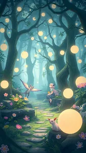 Enchanted Forest Path with Glowing Orbs and Fairy Creatures