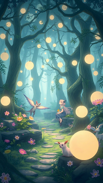 Enchanted Forest Path with Glowing Orbs and Fairy Creatures - Free mobile Wallpaper