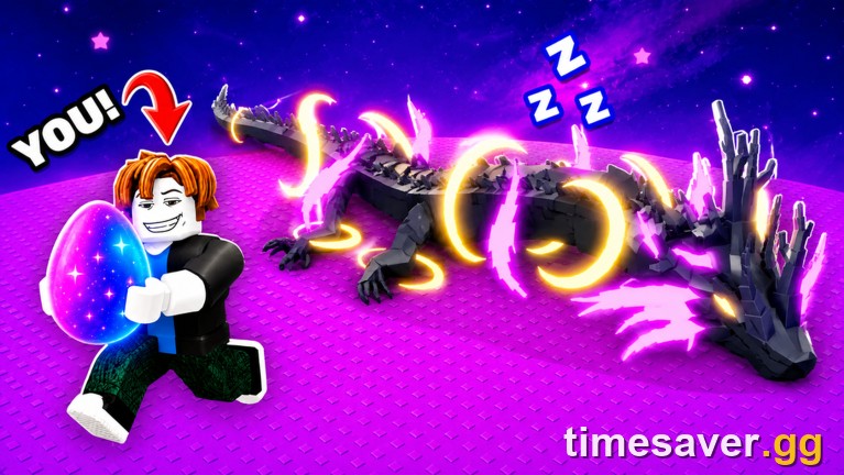 Steal An Egg: a player sneaks up to steal an egg from a sleeping Cosmic dragon-type pet in a high-tier biome