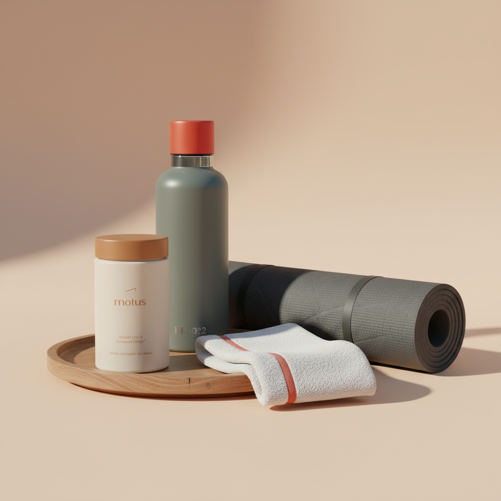 Nugenix Thermo jar on a wooden tray beside a rolled yoga mat, water bottle, and towel against a soft beige #F2E5D5 background in a minimalist health-focused composition