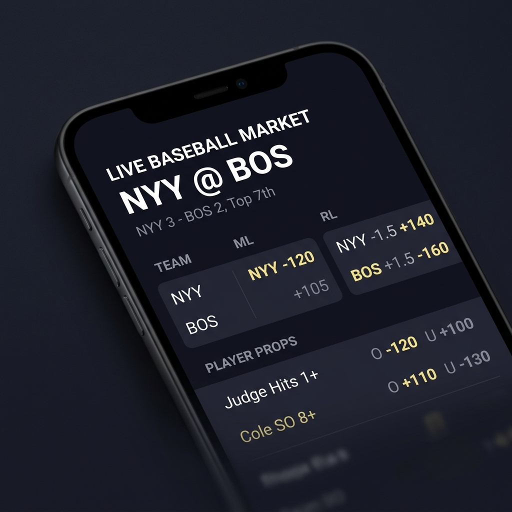 Close up smartphone display of a Funded Plays style in play baseball market showing live odds and player prop listings for mlb online betting on a dark minimalist interface