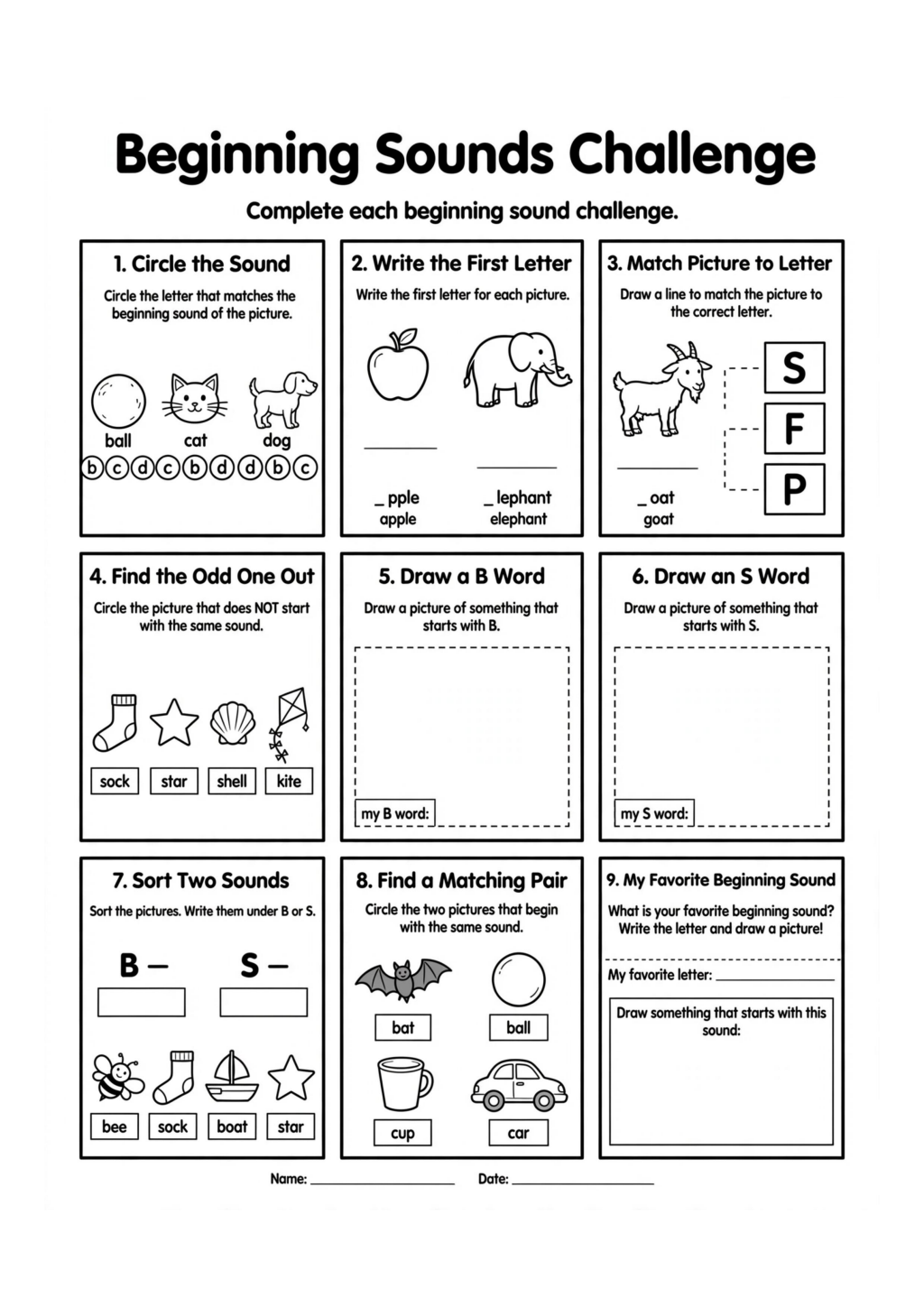 Beginning Sounds Challenge Worksheet