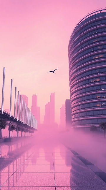 Pink City Fog Vaporwave Architecture Skyline View - Free mobile Wallpaper