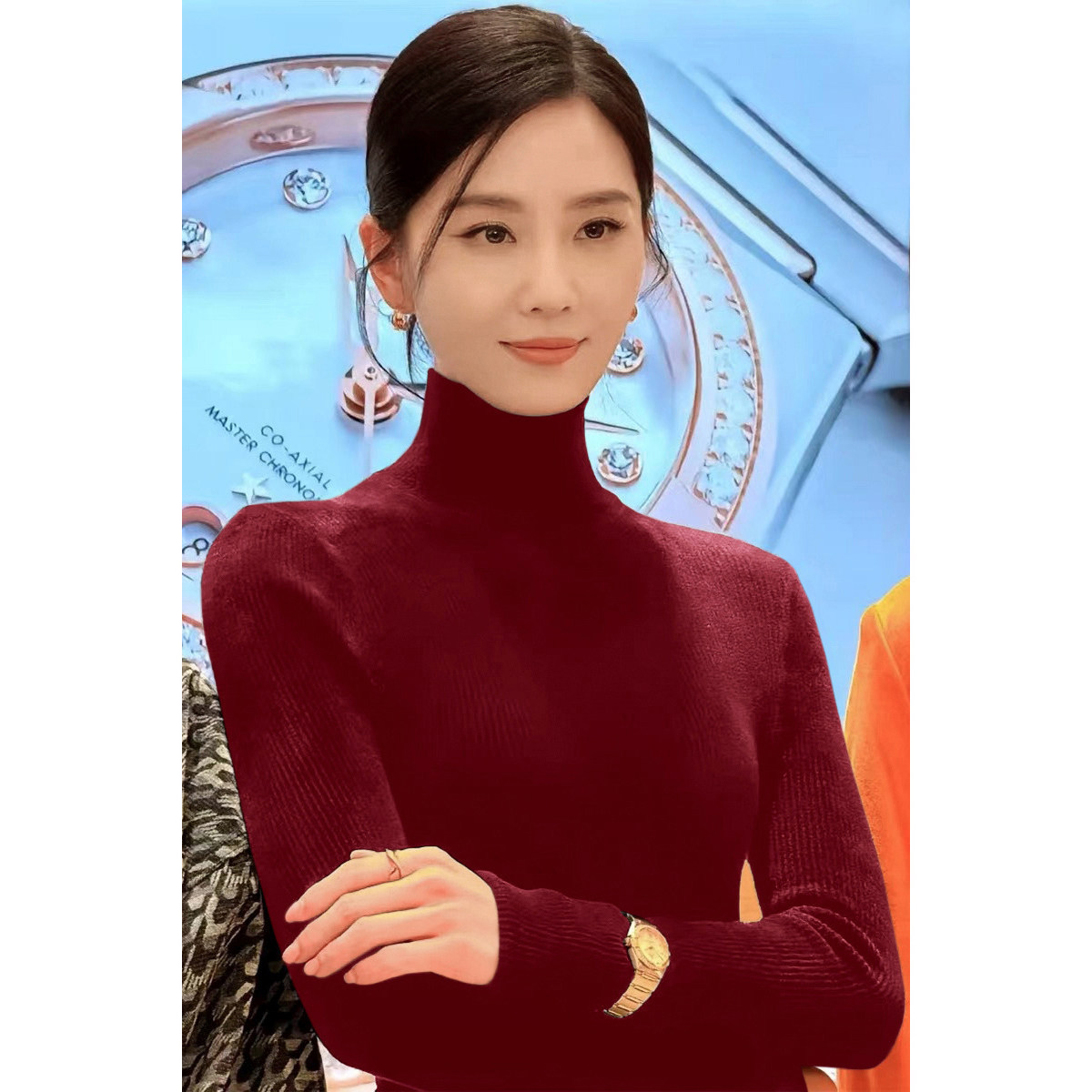 Women's knitted sweater with standing collar, long-sleeve