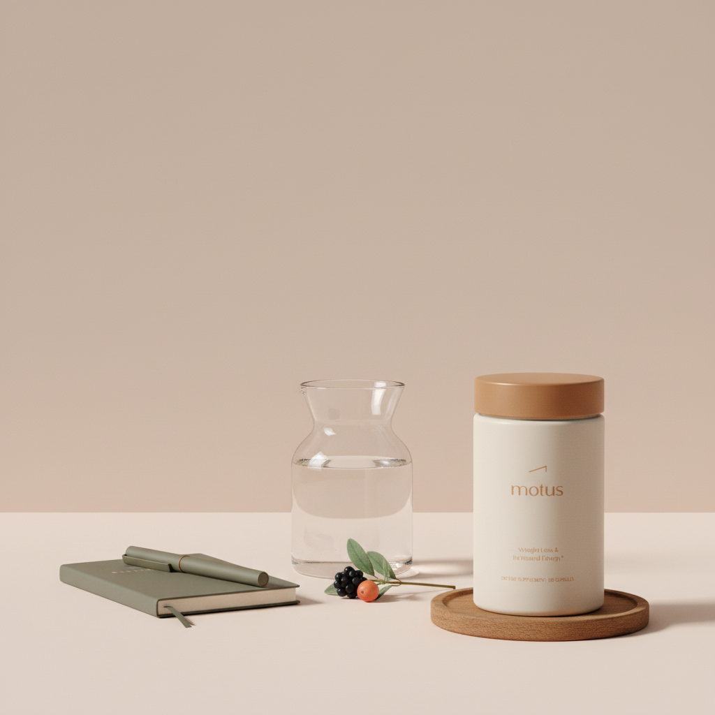 Motus supplement jar on wooden coaster beside notebook, pen, carafe of water and berry sprig on a clean #F2E5D5 background — best OTC weight loss pill
