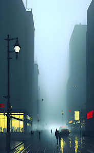 Foggy City Street with Glowing Lamppost and Silhouetted Figures
