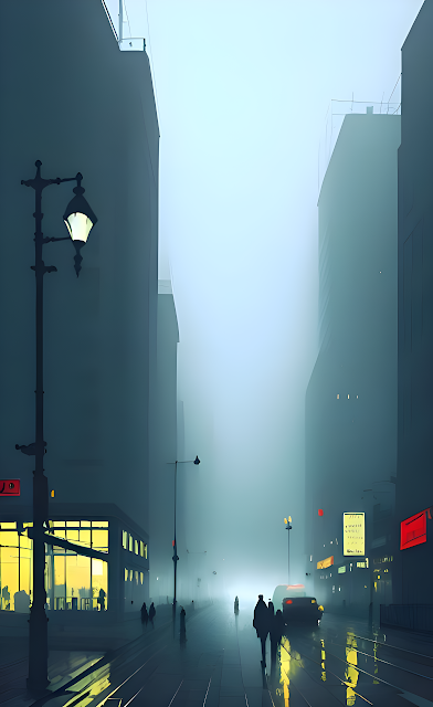 Foggy City Street with Glowing Lamppost and Silhouetted Figures - Free mobile Wallpaper