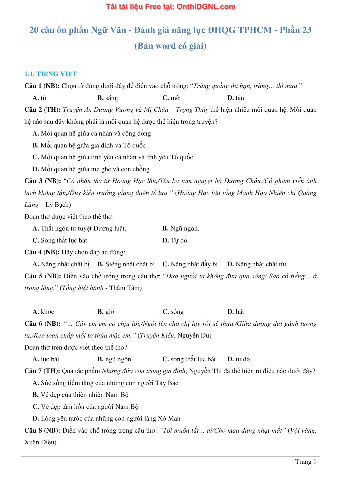 500 bài tập môn Ngữ Văn - Ôn thi ĐGNL ĐHQG TP HCM Phần 23