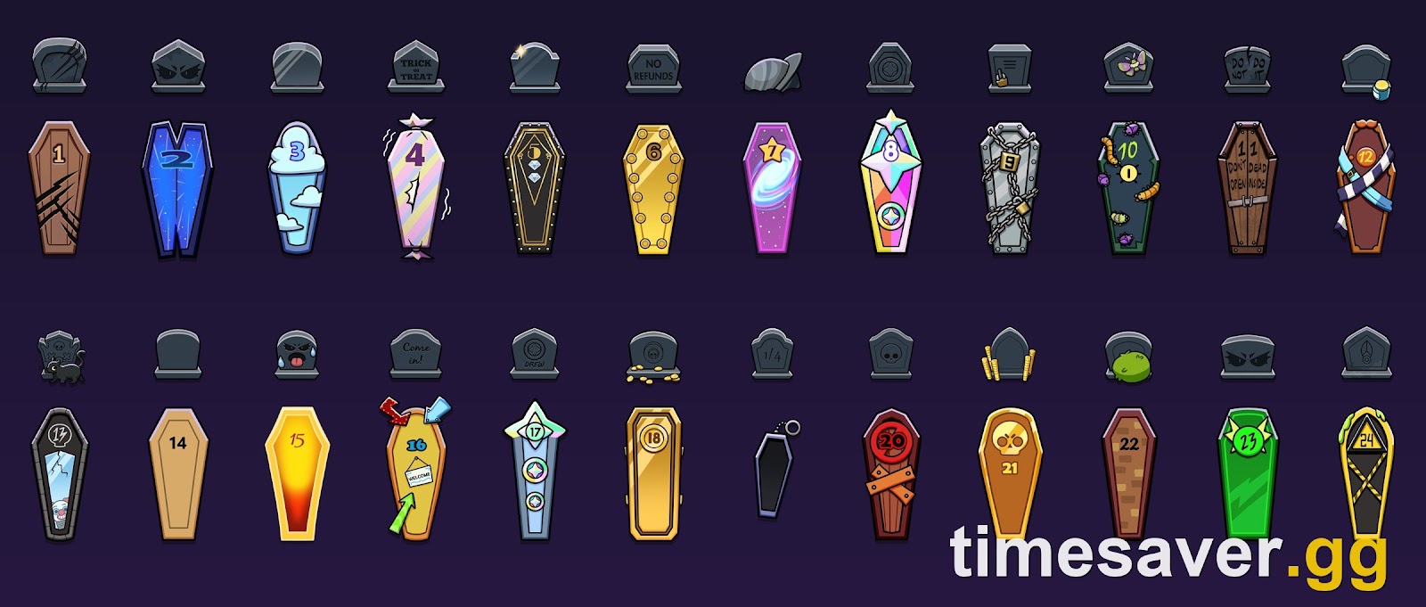 All 24 Brawl Stars Scary Coffins with their numbered lids and headstone clues, taken from Supercell's official event board