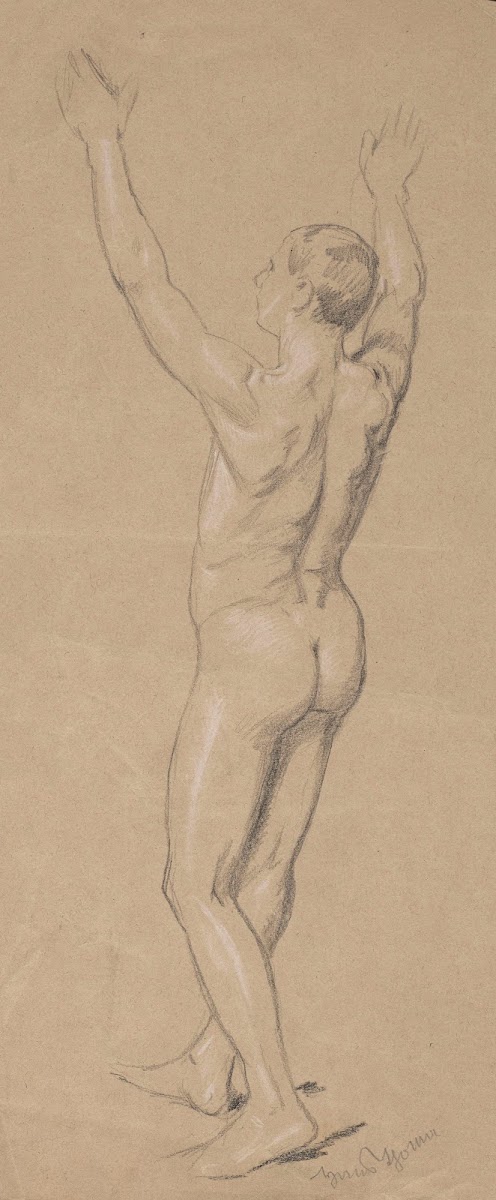 Nude man with raised hands 1900