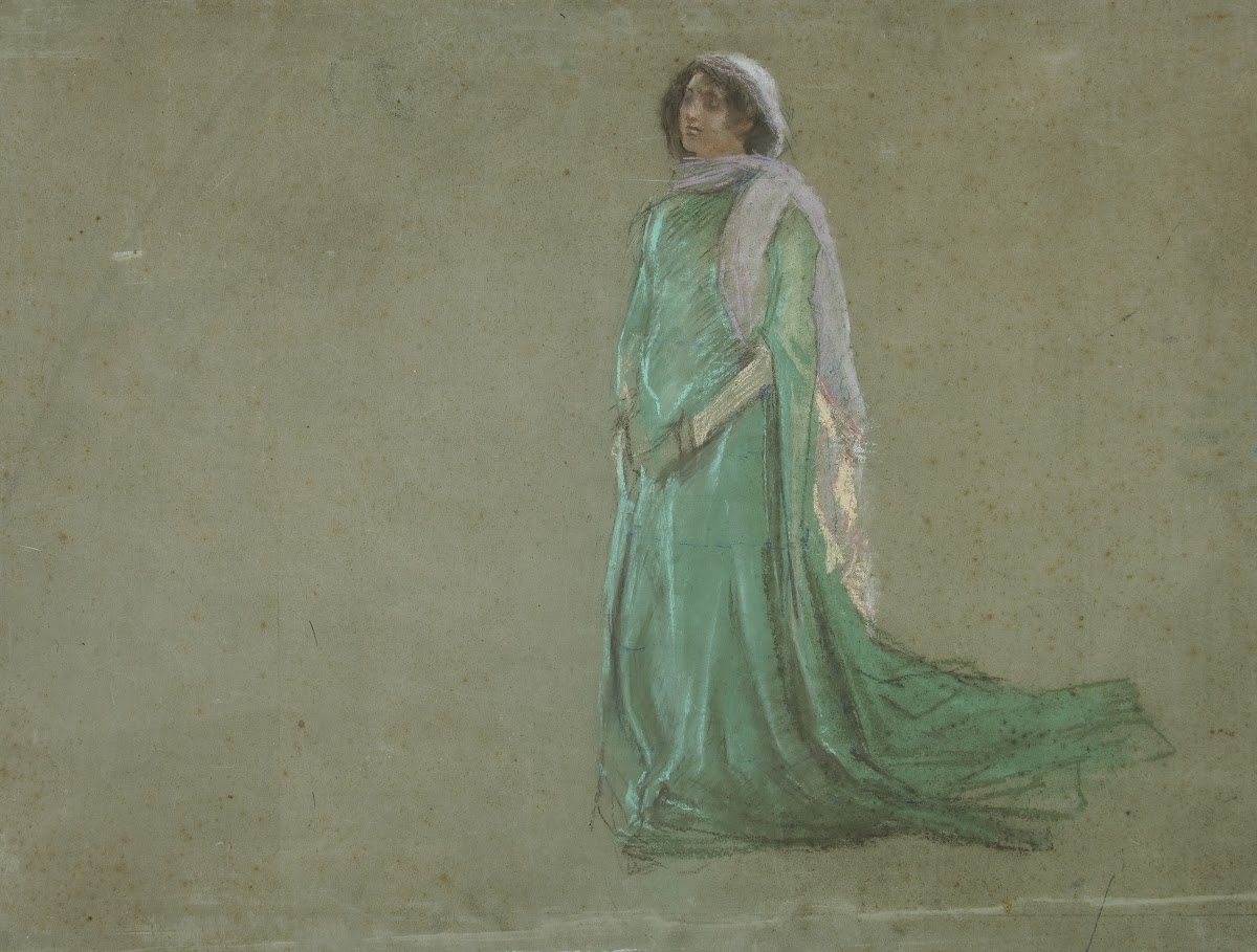 Study woman in long green dress pinkscarf