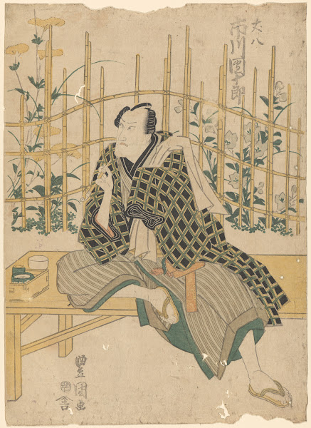 Actor on Bench flowers and bamboo in background late 18th century  early 19th ce