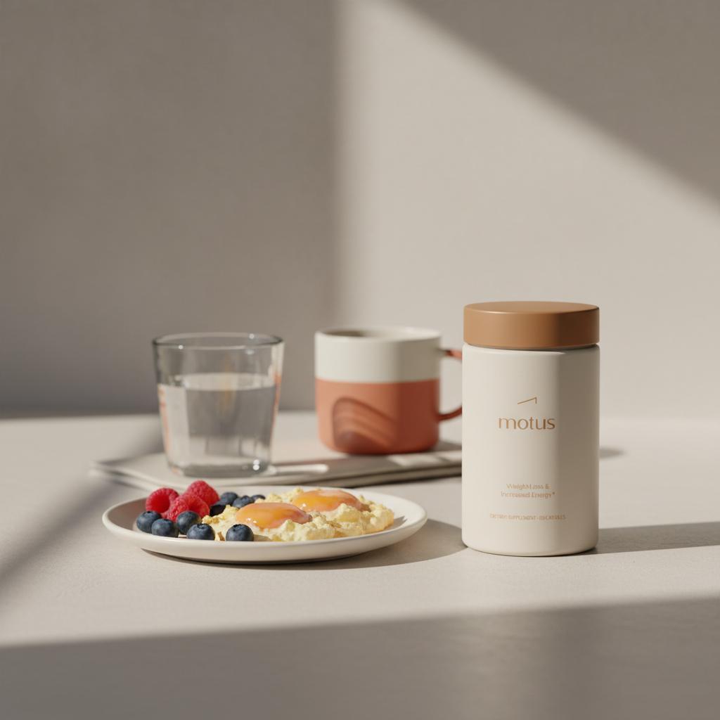 Tonum Motus container beside a protein breakfast of eggs and berries and a glass of water on a neutral counter in soft morning light, minimalist Tonum styling — best appetite suppressants