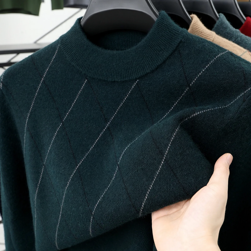 Men's Wool Sweater, Plaid, Standing Collar, Extra Warm