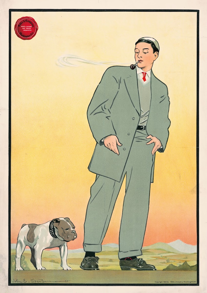 Young man in gray suit smoking a pipe and looking at a dog 1906