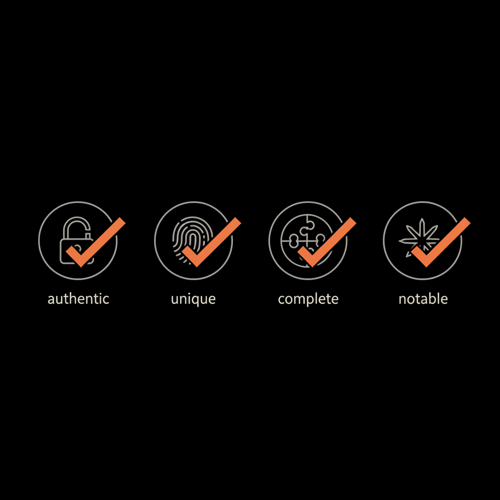 Minimal vector infographic on black background showing four icons labeled authentic, unique, complete, notable for Instagram verification