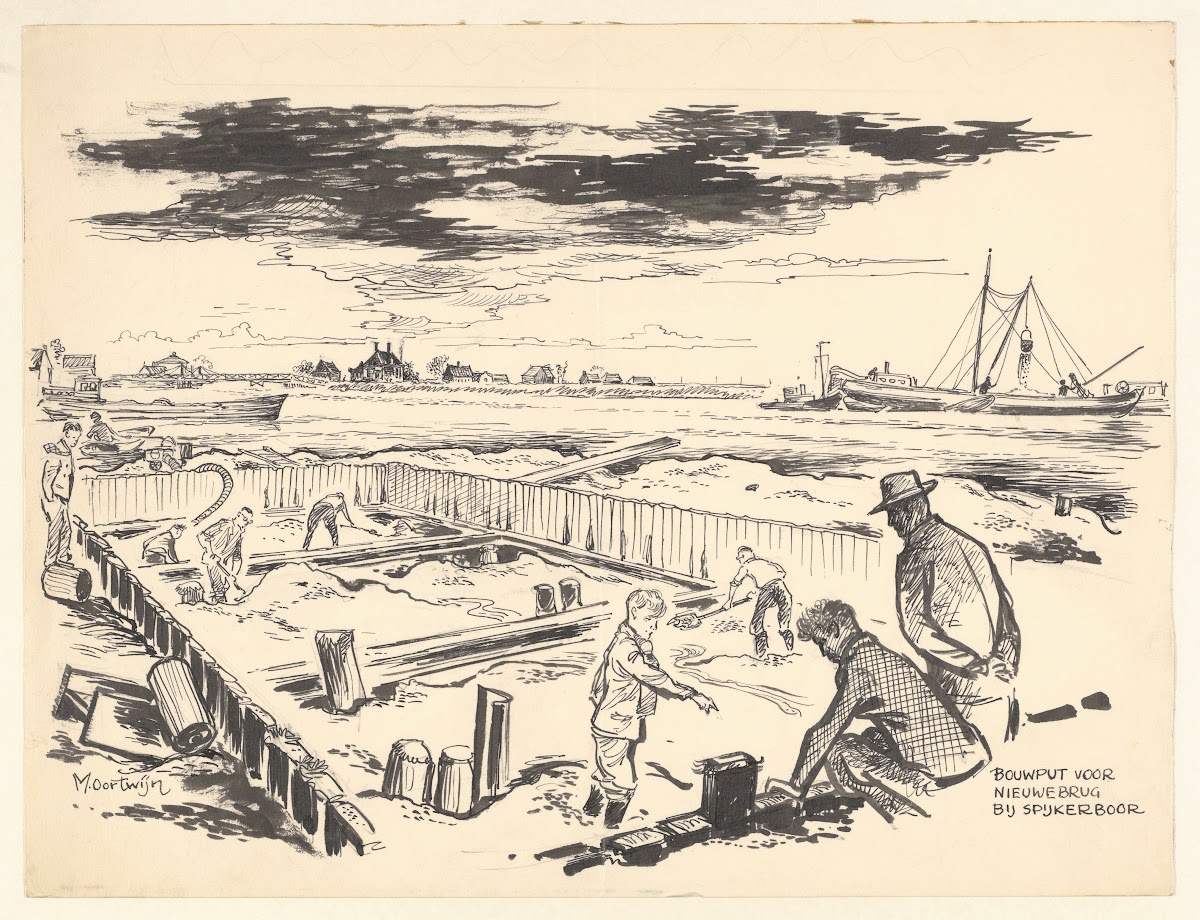 Werkzaamheden aan de nieuwe brug bij Spijkerboor 1950 1970