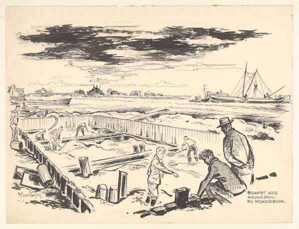 Werkzaamheden aan de nieuwe brug bij Spijkerboor 1950 1970