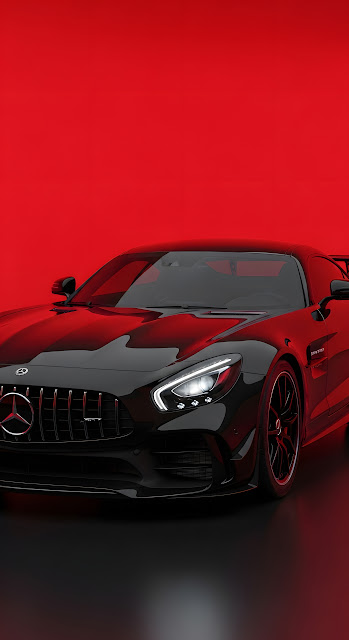 Black Mercedes AMG GT Sports Car Against Vibrant Red Background - Free mobile Wallpaper