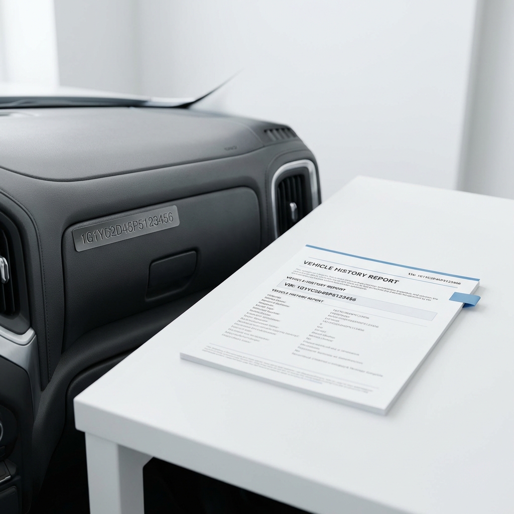 Close up of vehicle VIN on dashboard beside a printed vehicle history report on a white table with CarFax blue accent 3666ed teslas for sale near me