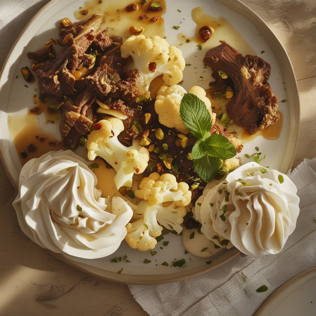 Spicy Za'atar Lamb & Roasted Cauliflower Protein Plates with Whipped Pistachio Feta