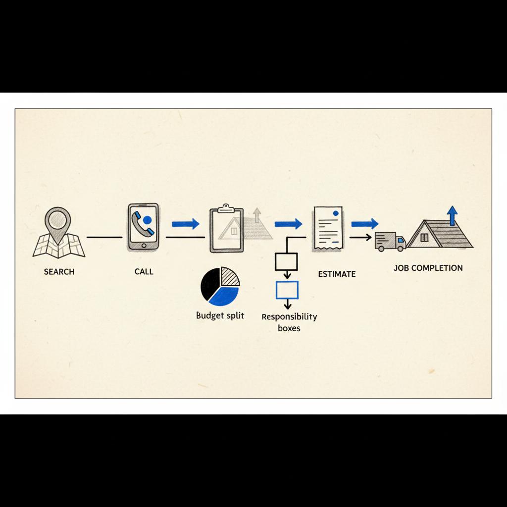 Hand-drawn customer journey map for a homeowner with a damaged roof showing search, call, inspection, estimate and job completion icons &mdash; roofing marketing