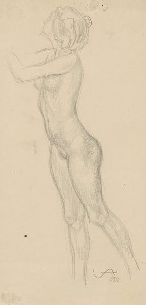 Naked woman standing up and leaning against a wall seen from the side 1910