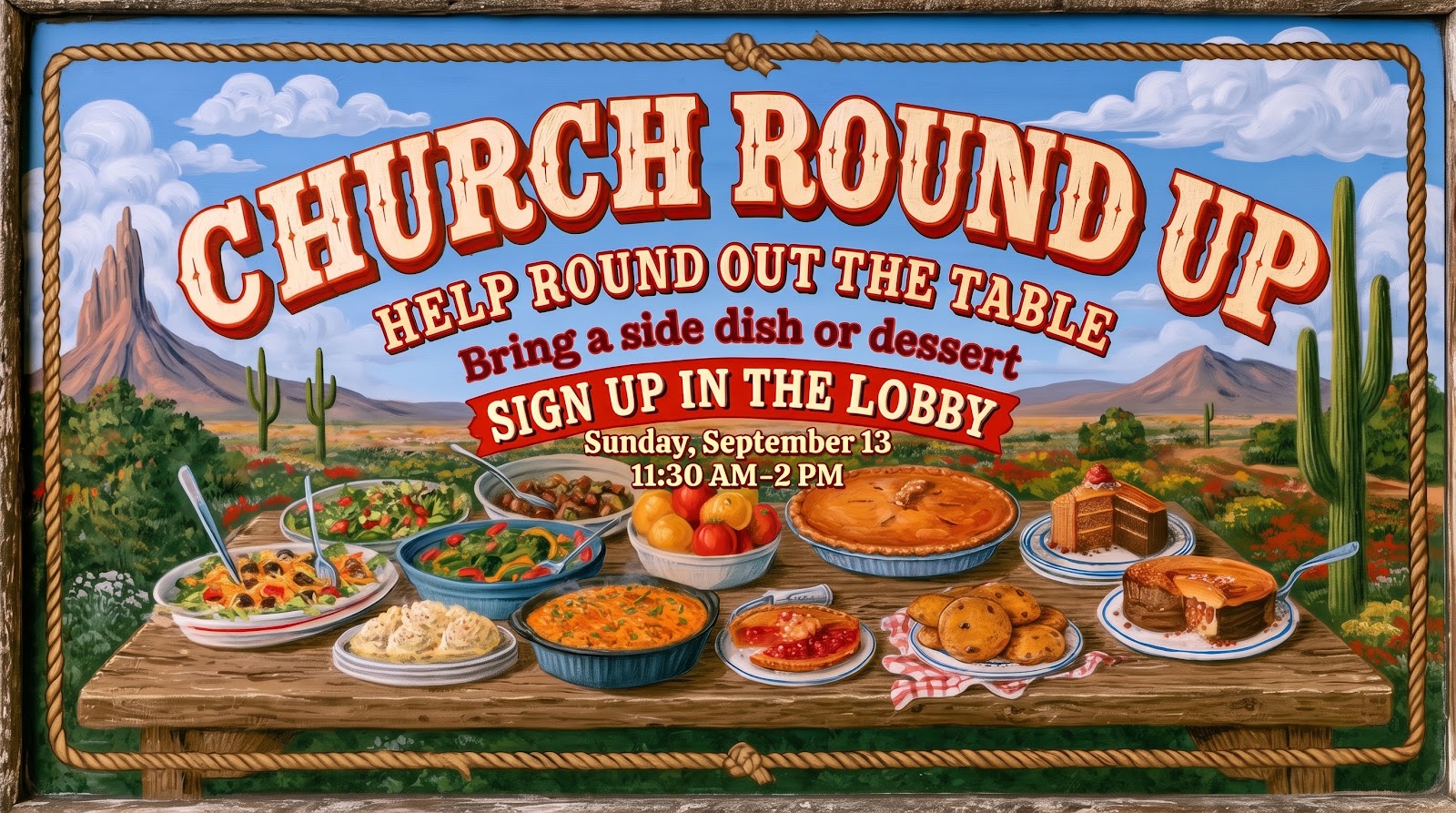 Church Round Up: bring a side dish or dessert and sign up in the lobby