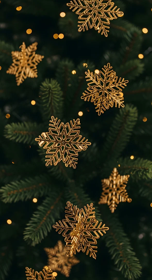 Golden Snowflake Ornaments Christmas Tree Bokeh Lights