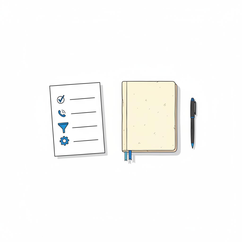 Minimal 2D vector notebook and sketched checklist with phone, funnel and gear icons in blue and dark gray on warm paper &mdash; Google Ads for dentists
