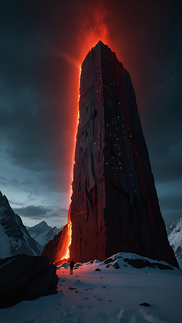 Glowing Lava Monolith in Snowy Mountain Landscape - Free mobile Wallpaper