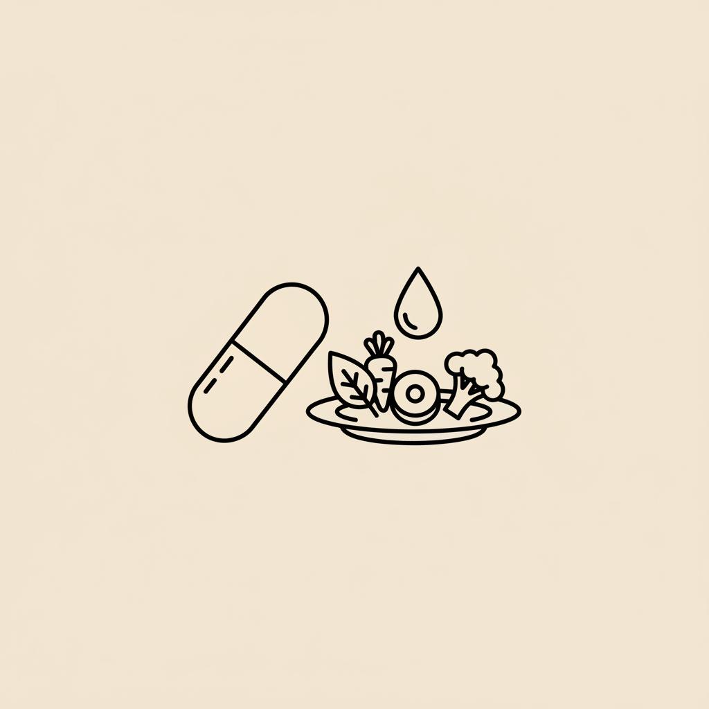 Minimalist vector line illustration of a capsule, small plate with vegetables and a water droplet on beige background representing rapid weight loss methods