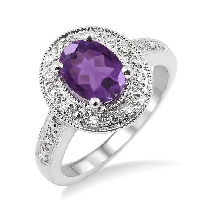 Silver Oval Shape Gemstone & Diamond Ring