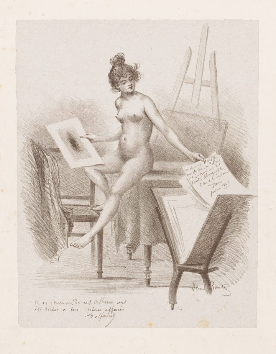 A nude model looks at prints 1897