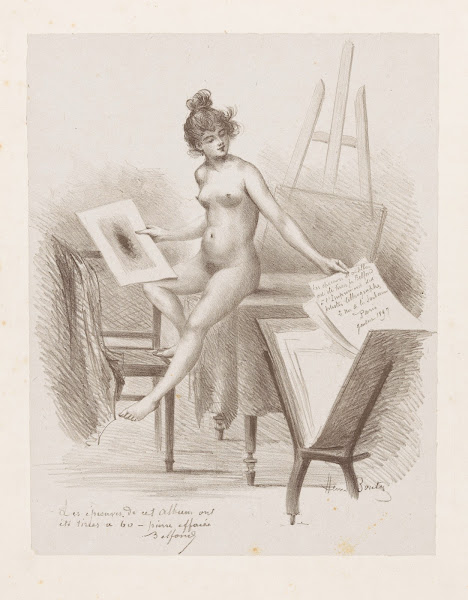 A nude model looks at prints 1897