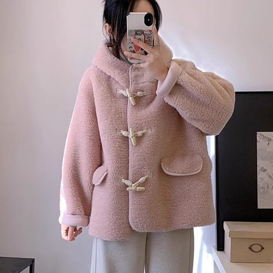 Women's Lambskin Imitation Coat with Toggle Buttons and Hood
