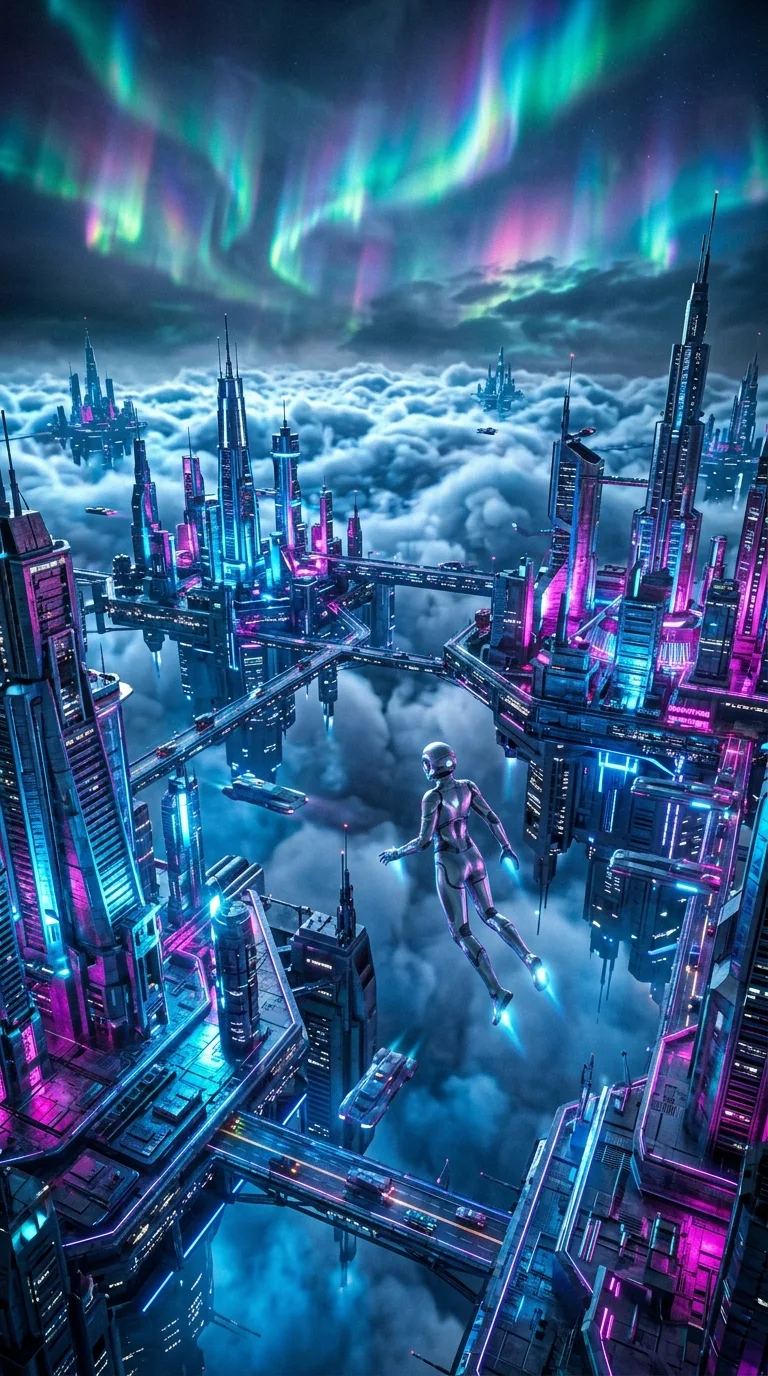 Futuristic Floating City with Neon Lights and Swirling Auroras - Free 4K mobile Wallpaper