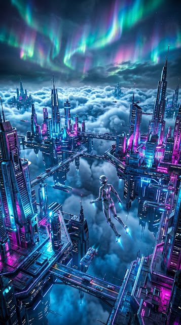 Futuristic Floating City with Neon Lights and Swirling Auroras - Free mobile Wallpaper