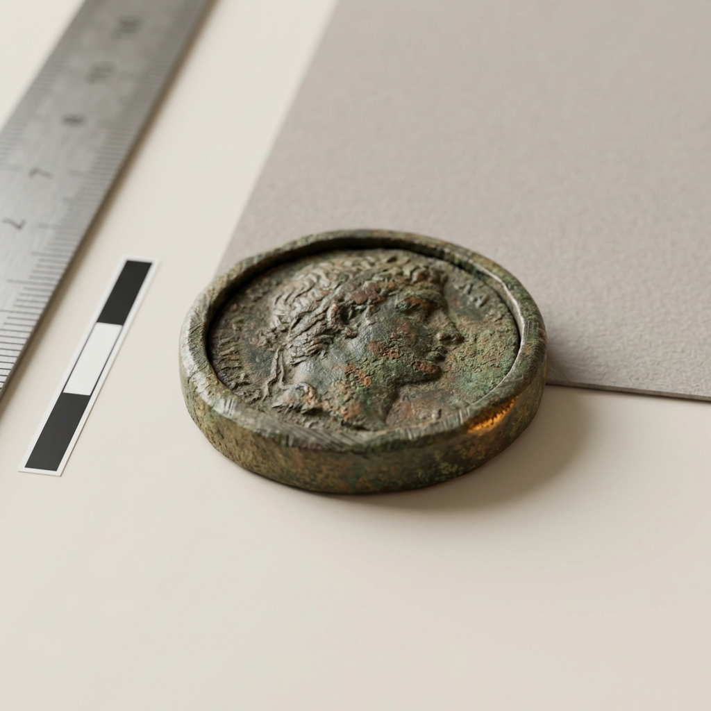 Macro view of a Greek coin bezel with worn portrait and patina beside a scale bar and ruler for precise size reference on a minimalist #ede7da background greek coin rings