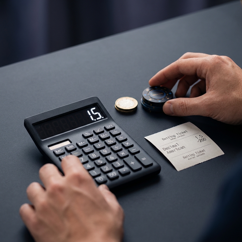 Close up of calculator and betting ticket showing decimal 1.5 and american odds -200 with hands adjusting a small stake on a dark Funded Plays style background