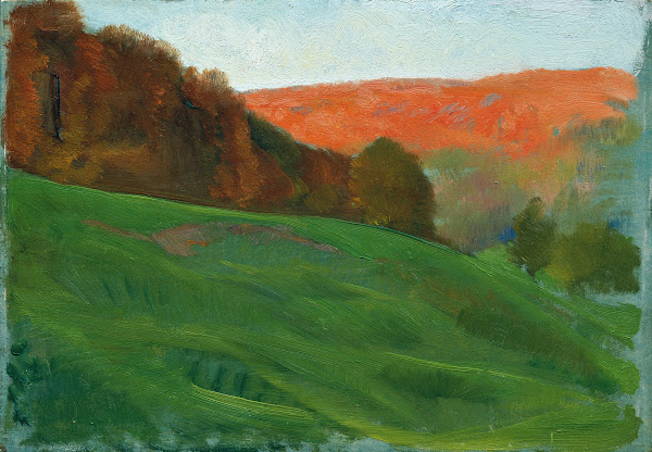 Herbstlicher Wald hinter grüner Wiese 1905 1910